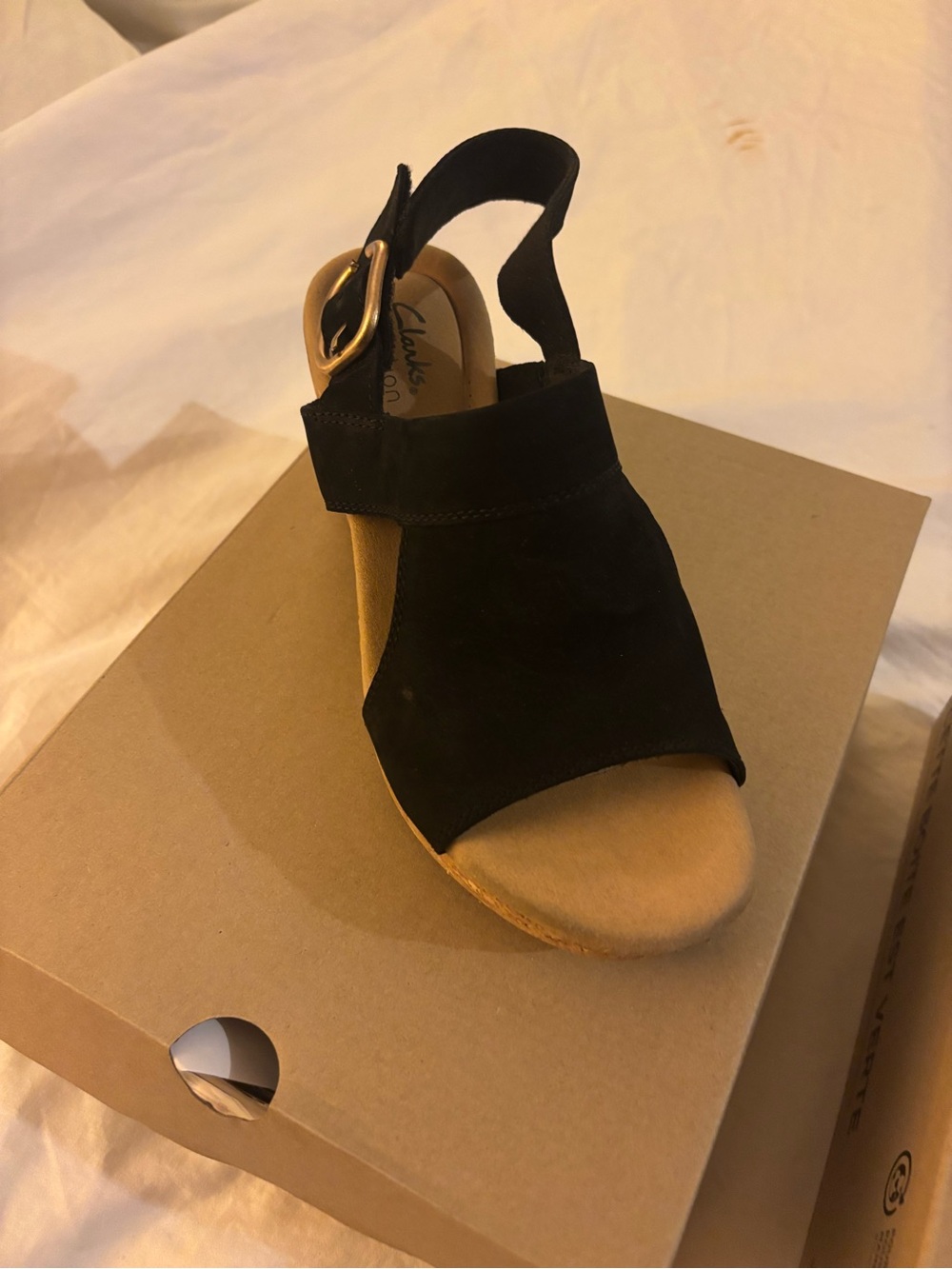 Clarks Black Suede Open-Toe Slingback Wedge with Gold Buckle